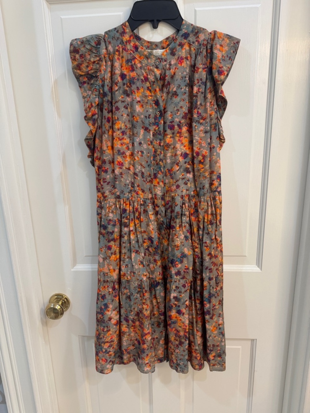 Floral Ruffle Sleeve Tiered Dress - Gray with Orange & Purple Print